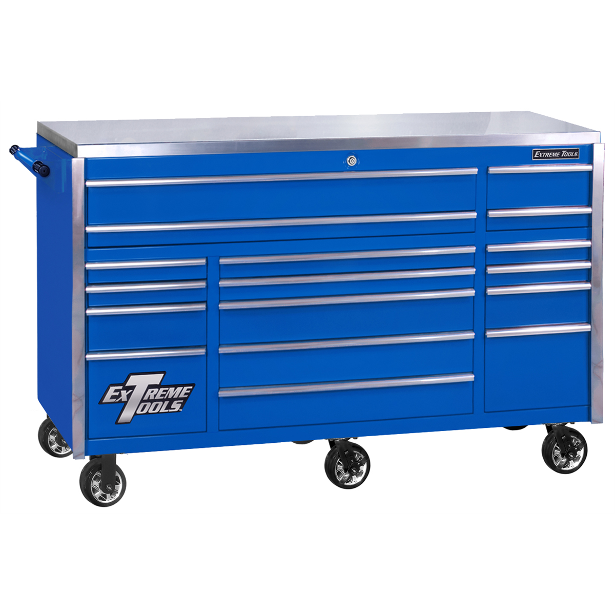 EXQ Series 72"W x 30"D 17-Drawer Pro Triple Bank Roller Cabinet Blue w/ Chrome Quick Release Drawer Pulls