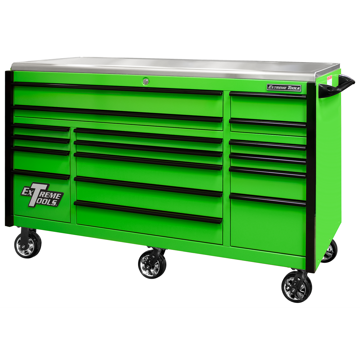 EXQ Series 72"W x 30"D 17-Drawer Pro Triple Bank Roller Cabinet Green w/ Black Quick Release Drawer Pulls