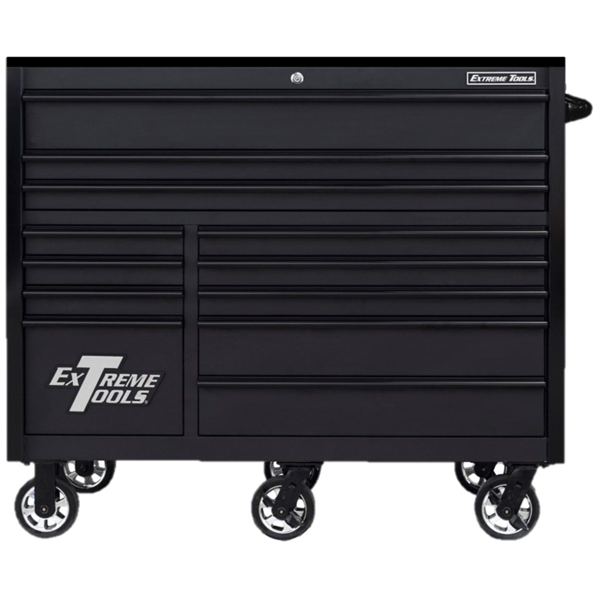 Extreme Tools RX Series Professional 55"W x 25"D 12 Drawer Roller Cabinet 150 lbs slides Matte Black, Black Drawer Pulls